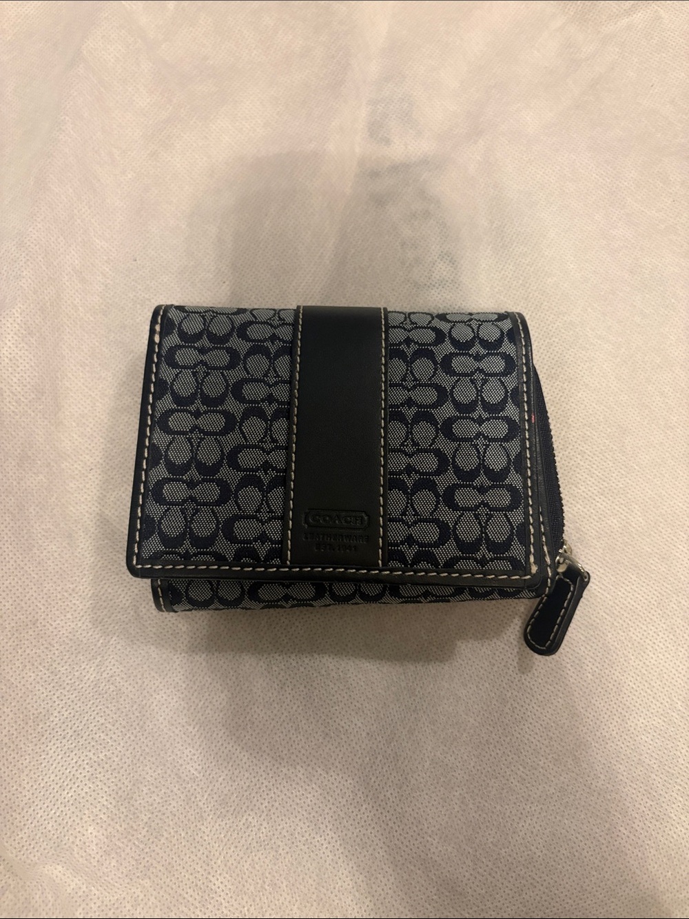 Coach Navy Signature Compact Wallet with Leather Trim